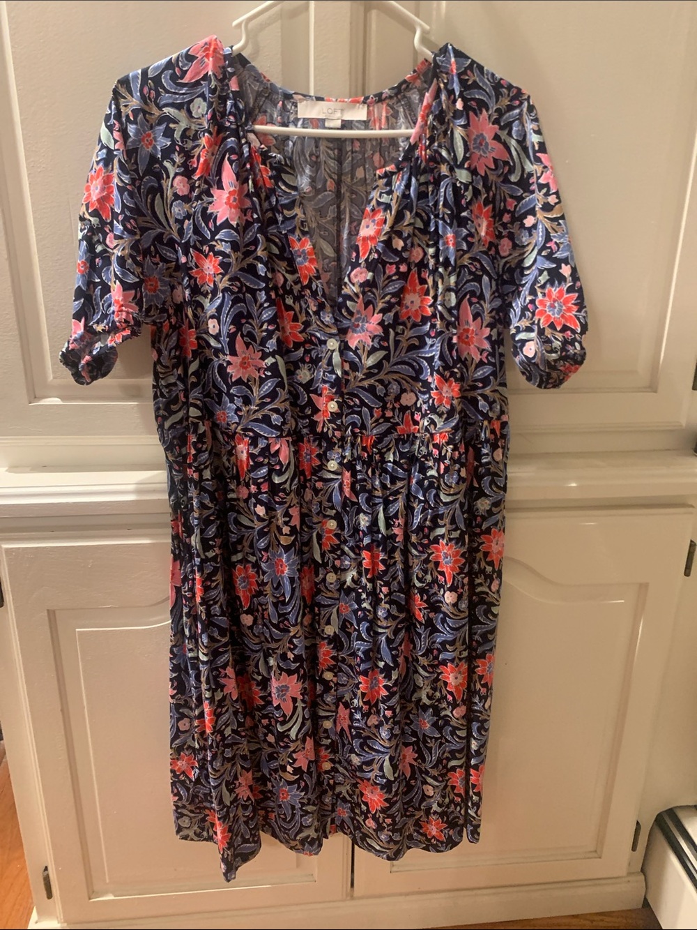 LOFT Navy Floral V-Neck Midi Dress with Coral Accents
